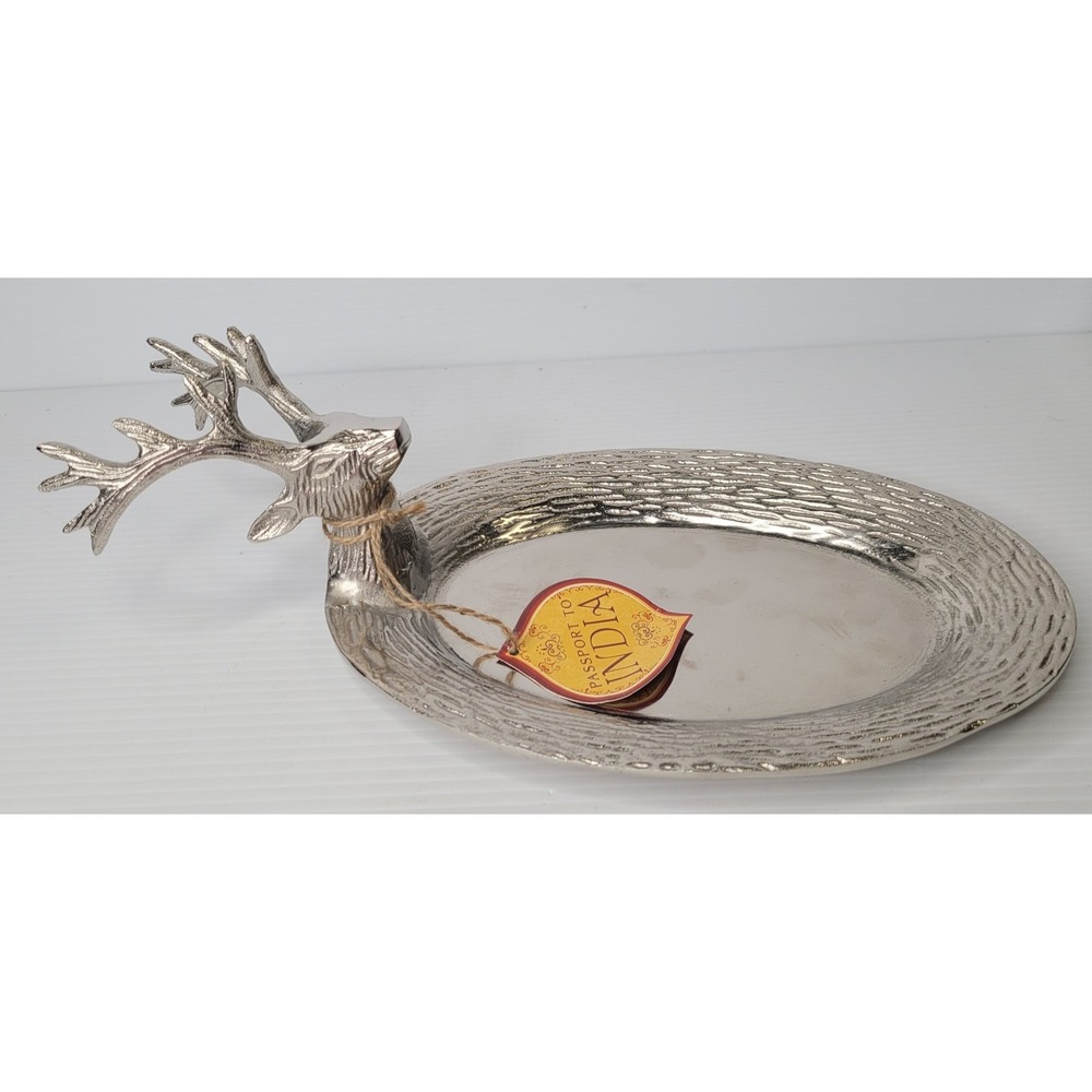 Passport to India Silver Metal Reindeer Deer Stag Serving Platter Decorative NEW